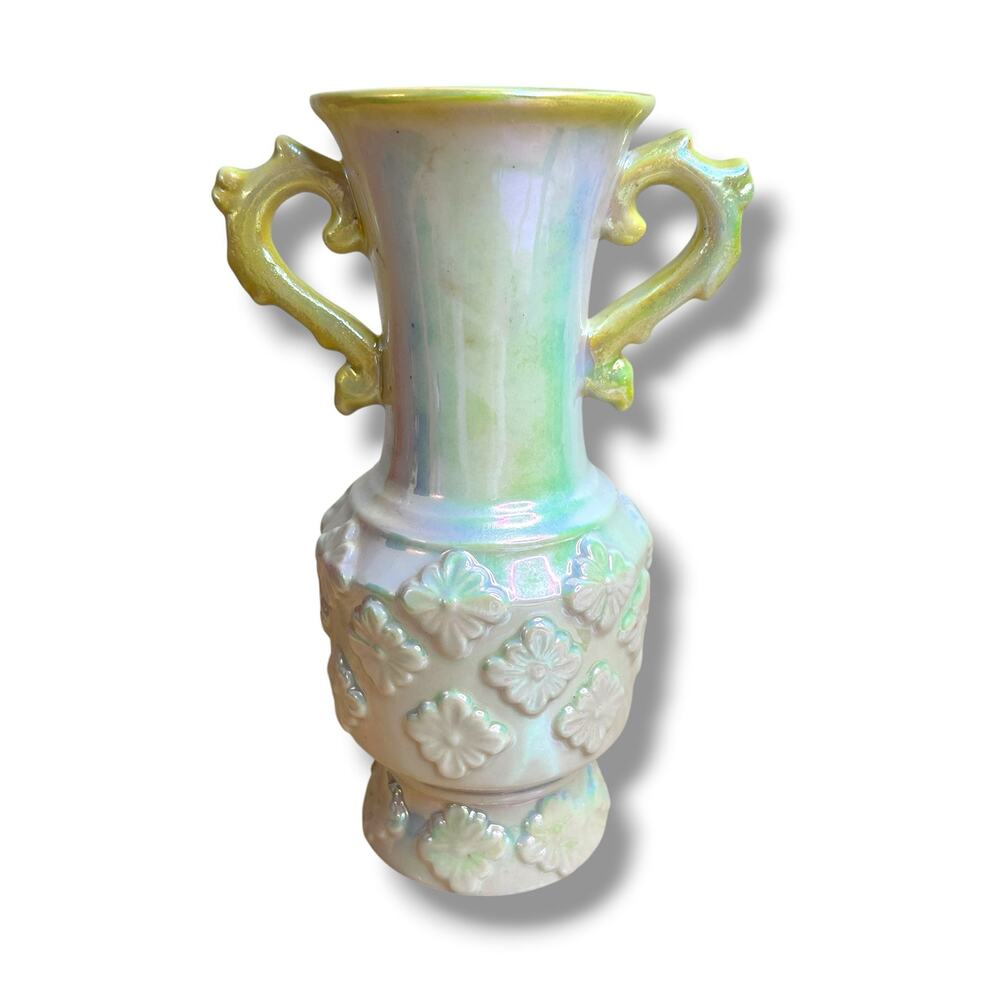 Vintage Lusterwear Vase 1980s Yellow and White by K’s Collection